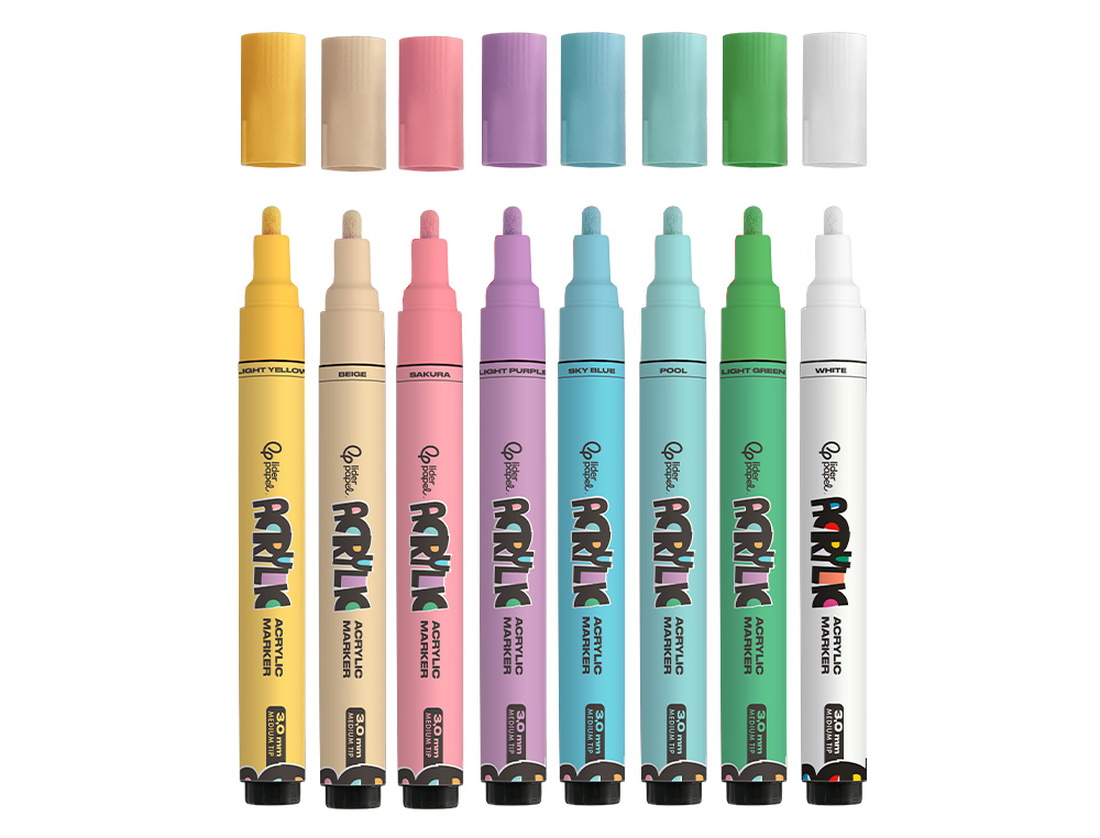 MARQUEUR LIDERPAPEL ACRYLIQUE BASE EAU TOUS SUPPORT POINTE RONDE 3MM COLORIS PASTELS ASSORTIS BOITE 8 UNITES
