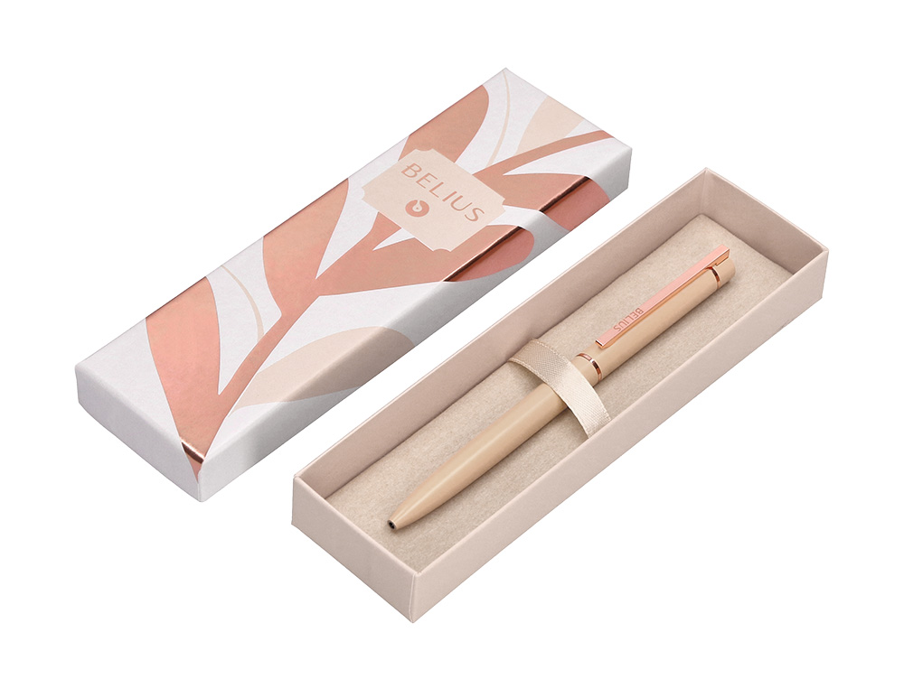 STYLO-BILLE BELIUS ROSE CORPS ALUMINIUM ENCRE BLEUE COLORIS BEIGE CLAIRE OR ROSE BOITE    DESIGN
