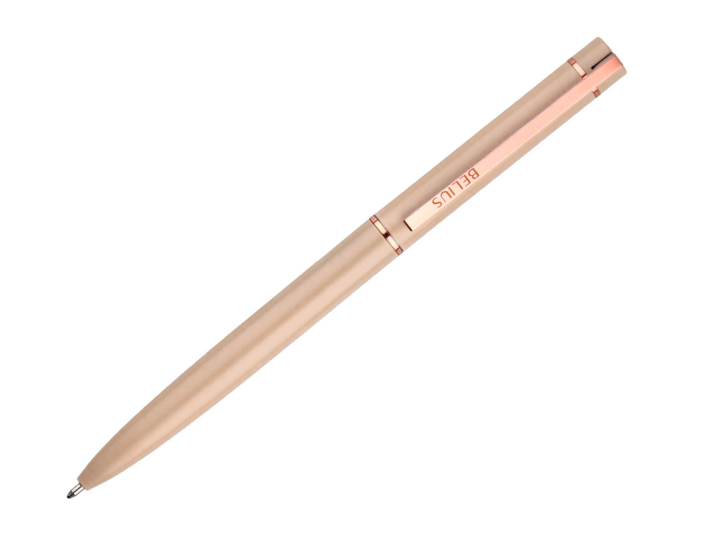 STYLO-BILLE BELIUS ROSE CORPS ALUMINIUM ENCRE BLEUE COLORIS BEIGE CLAIRE OR ROSE BOITE    DESIGN