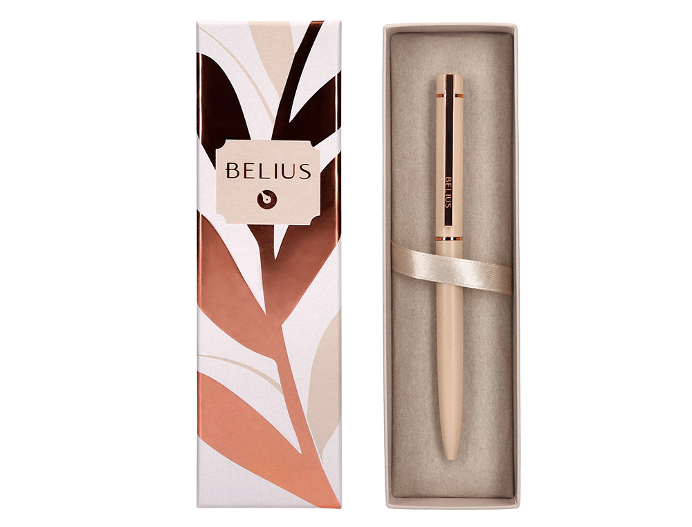 STYLO-BILLE BELIUS ROSE CORPS ALUMINIUM ENCRE BLEUE COLORIS BEIGE CLAIRE OR ROSE BOITE    DESIGN