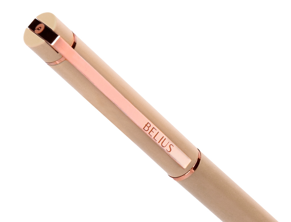 STYLO-BILLE BELIUS ROSE CORPS ALUMINIUM ENCRE BLEUE COLORIS BEIGE CLAIRE OR ROSE BOITE    DESIGN