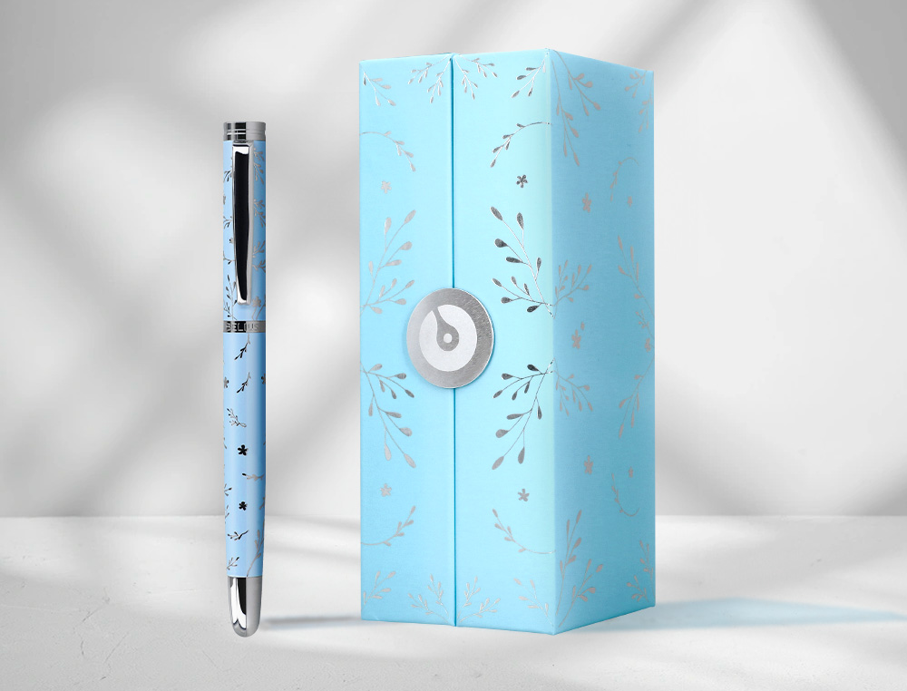 ROLLER BELIUS COLLECTION1 ALUMINIUM ENCRE NOIRE COLORIS BLEU CIEL DESIGN RELIEF ARGENTE BOITE DESIGN
