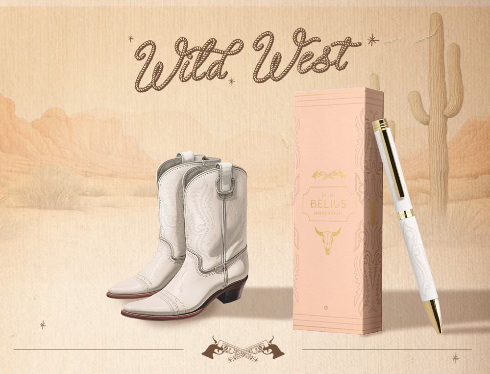STYLO-BILLE BELIUS WILD WEST ALUMINIUM ENCRE BLEUE ATTRIBUTS DORES COLORIS CREME COFFRET DESIGN