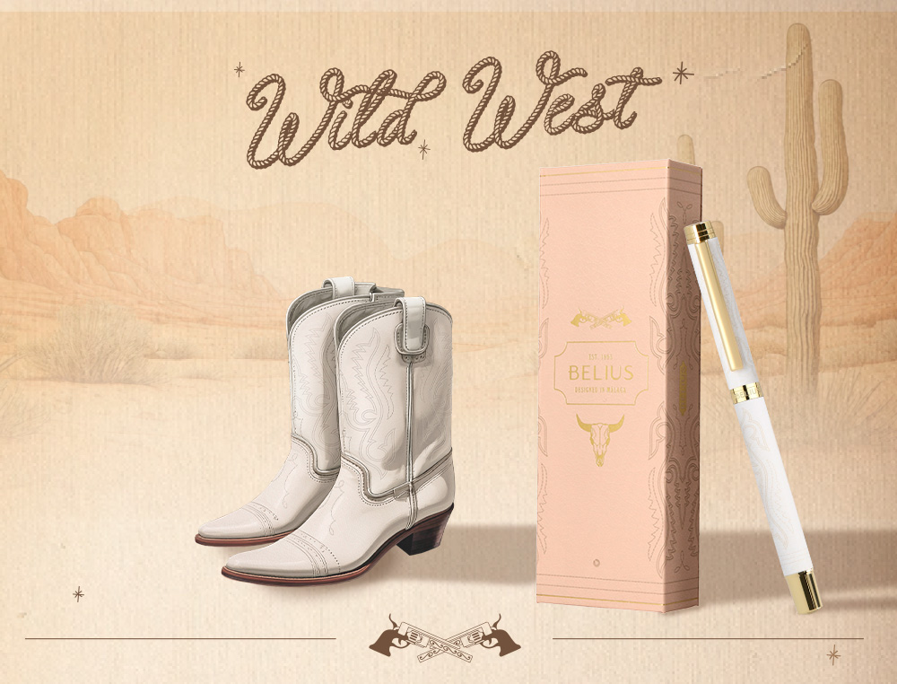 STYLO-BILLE BELIUS WILD WEST ALUMINIUM ENCRE NOIRE         ATTRIBUTS DORES COLORIS CREME COFFRET DESIGN