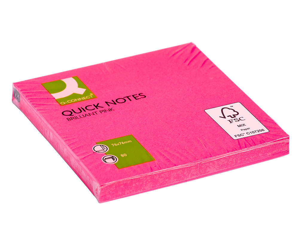 BLOC-NOTES Q-CONNECT QUICK NOTES COULEURS NÉON 76X76MM 80F REPOSITIONNABLES COLORIS ROSE VIF