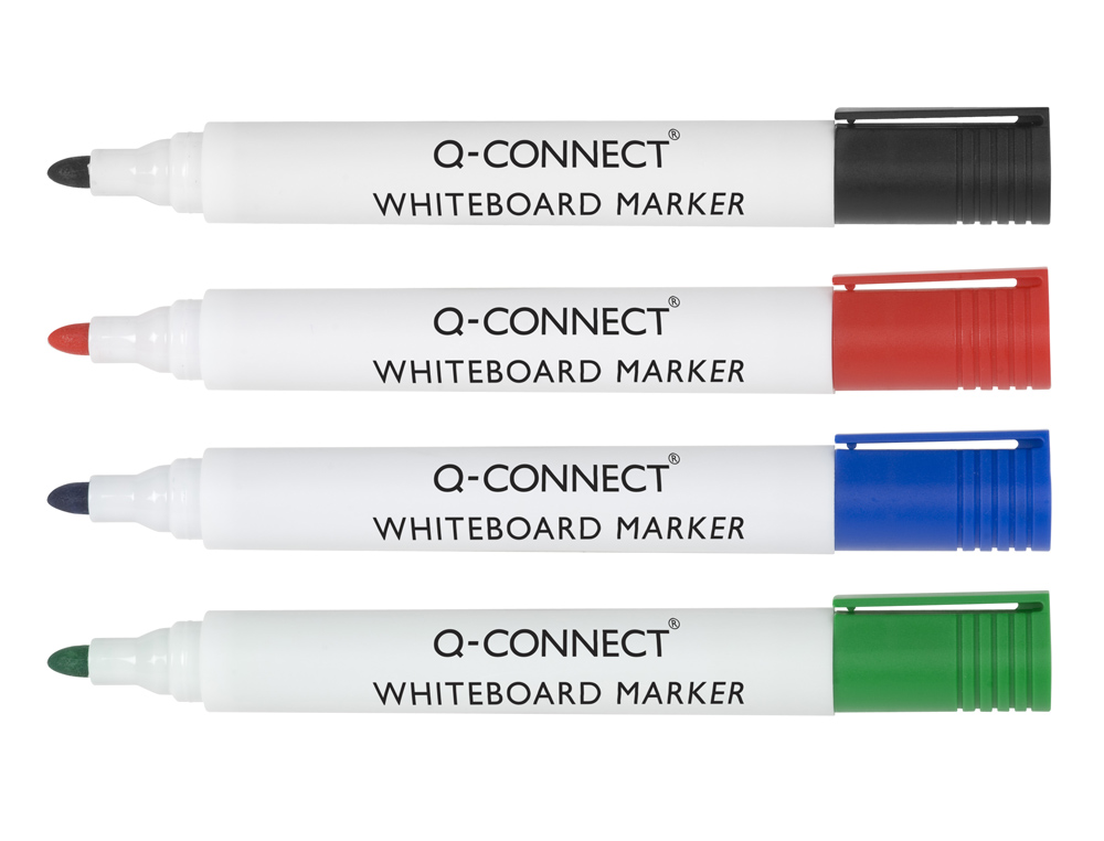 MARQUEUR Q-CONNECT TABLEAU BLANC POINTE OGIVE TRACÉ 2/3MM CORPS PLASTIQUE ENCRE BASE ALCOHOL POCHETTE 4 UNIT ASSORT