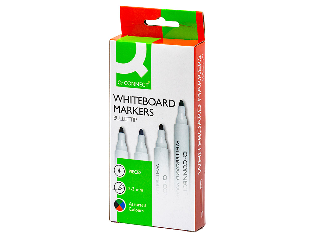 MARQUEUR Q-CONNECT TABLEAU BLANC POINTE OGIVE TRACÉ 2/3MM CORPS PLASTIQUE ENCRE BASE ALCOHOL POCHETTE 4 UNIT ASSORT
