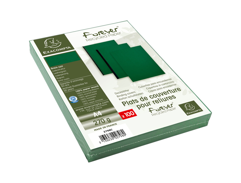 COUVERTURE EXACOMPTA GRAIN CUIR RECYCLE A4 270G COLORIS VERT PAQUET 100 UNITES
