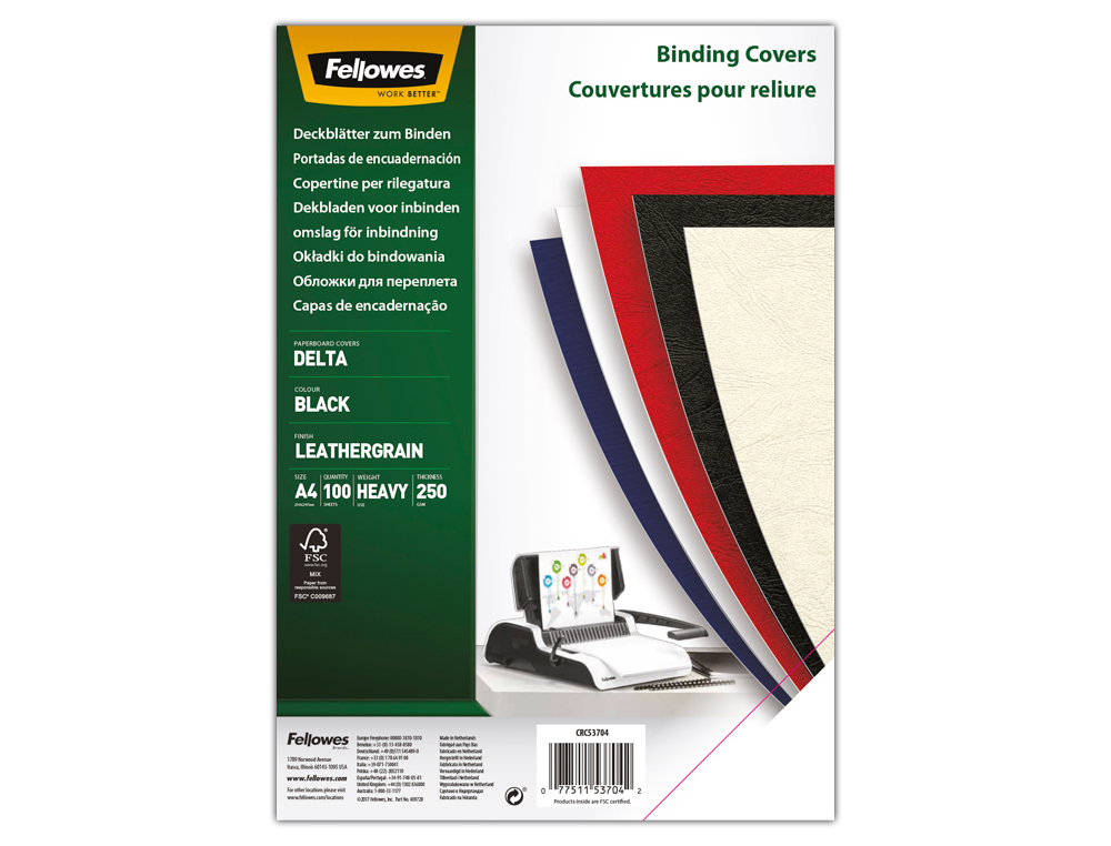 COUVERTURE FELLOWES GRAIN CUIR 250G FORMAT A4 COLORIS NOIR PAQUET 100 UNITÉS