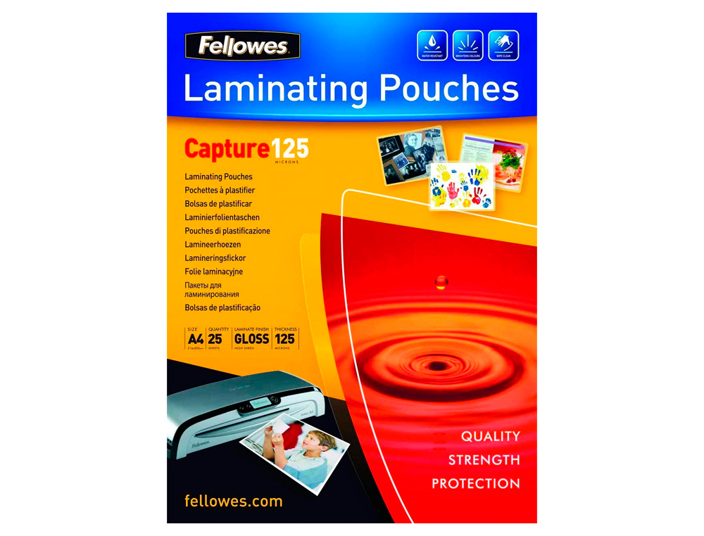 POCHETTE PLASTIFICATION FELLOWES À CHAUD POLYESTER TRANSPARENT RÉSISTANT EAU FORMAT A4 125 MICRONS BOÎTE 25 UNITÉS