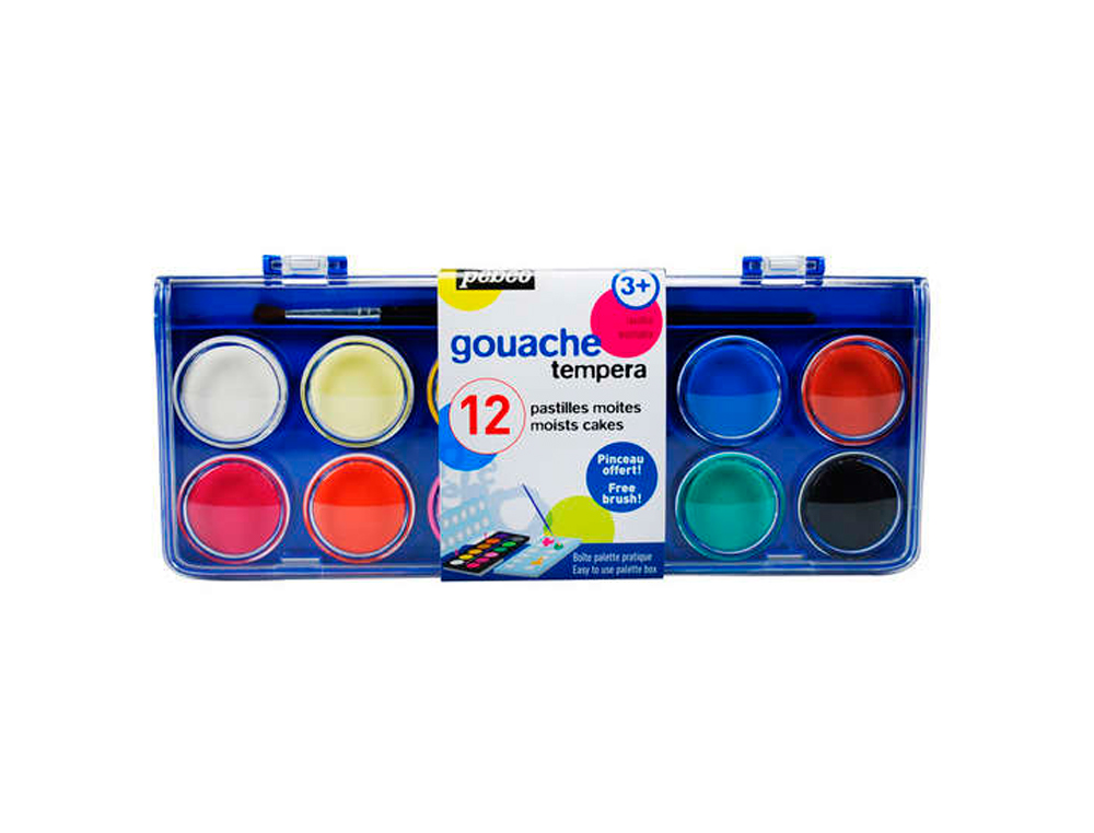 GOUACHE PÉBÉO PASTILLE 30MM DIAMÈTRE BOÎTE 12 COLORIS + 1 PINCEAU