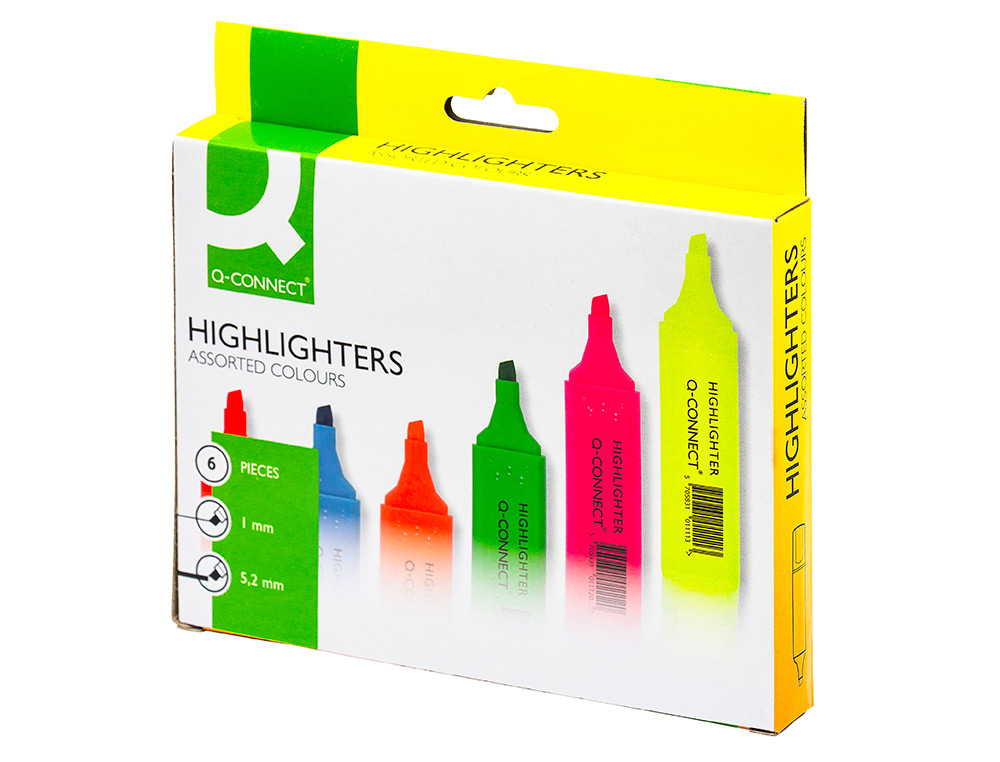 SURLIGNEUR Q-CONNECT TRACÉ 2/5 MM POINTE BISEAUTÉE COULEURS ÉCLATANTES POCHETTE 6 UNITÉS ASSORTIES