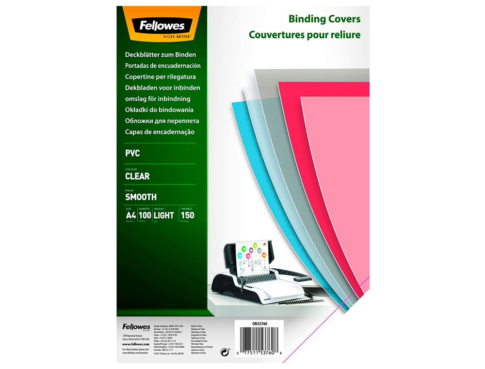 COUVERTURE FELLOWES PVC TRANSPARENT GRAMMAGE ÉCONOMIQUE 15/100E FORMAT A4 PAQUET 100 UNITÉS