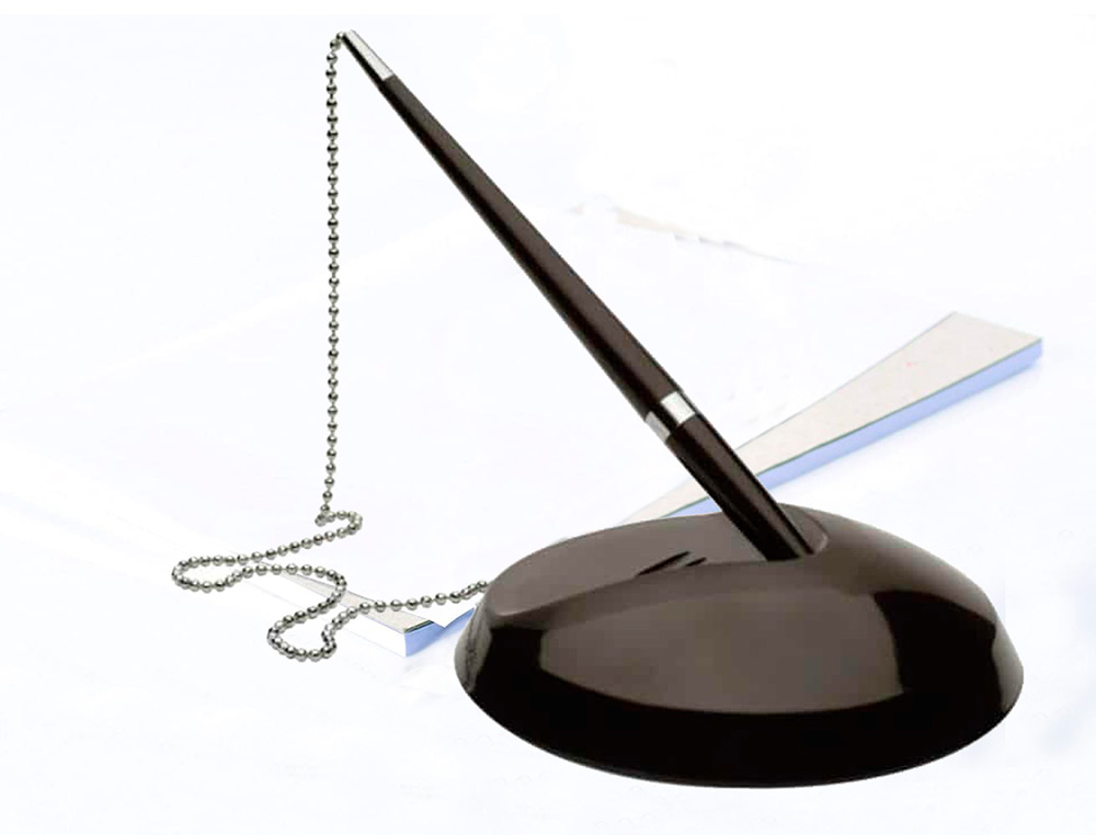 STYLO-BILLE Q-CONNECT SUR SOCLE PLASTIQUE LESTÉ CHAÎNETTE NICKELÉE RECHARGEABLE 4 RECHARGES ENCRE BLEUE