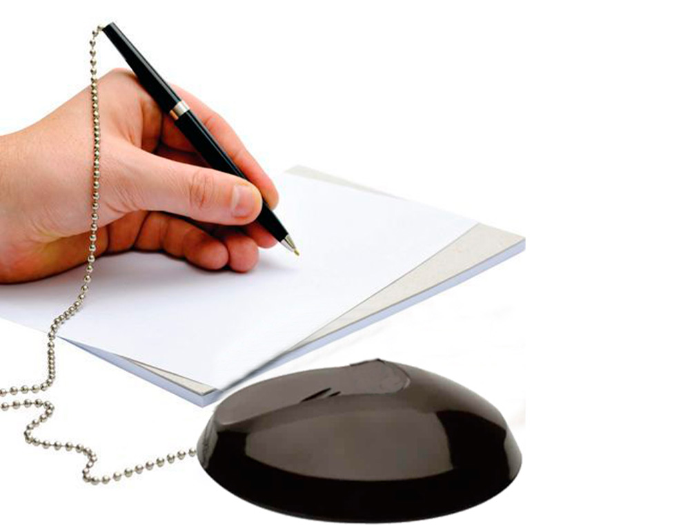 STYLO-BILLE Q-CONNECT SUR SOCLE PLASTIQUE LESTÉ CHAÎNETTE NICKELÉE RECHARGEABLE 4 RECHARGES ENCRE BLEUE