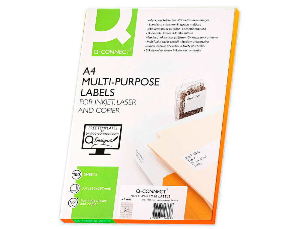 TIQUETTE ADHSIVE Q-CONNECT 70X35MM COINS DROITS IMPRIMANTE JET D'ENCRE LASER COPIEUR BOTE 100 FEUILLES 2400 UNITS