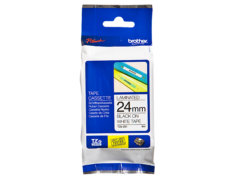 RUBAN LAMINÉ TZE POUR TITREUSE BROTHER P-TOUCH TZE251 24MM COLORIS IMPRESSION NOIR/BLANC