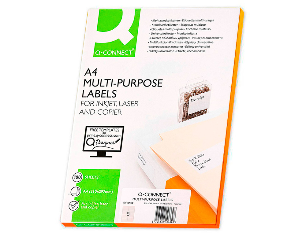 TIQUETTE ADHSIVE Q-CONNECT 105X74MM COINS DROITS IMPRIMANTE JET D'ENCRE LASER COPIEUR 8 TIQUETTES/FEUILLE 800 UNITS
