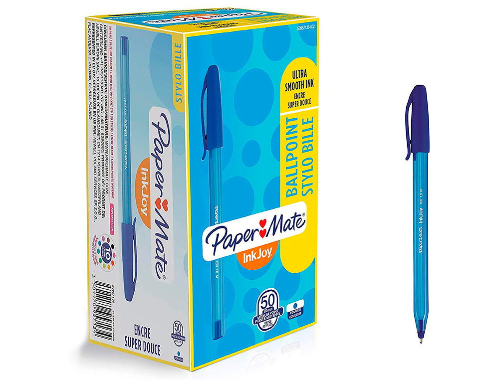 STYLO-BILLE PAPER MATE INKJOY 100 CRITURE MOYENNE 0.7MM ULTRA DOUCE CORPS TRIANGULAIRE RSISTE BAVURES COLORIS BLEU
