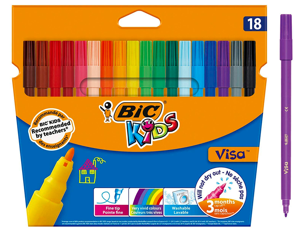 FEUTRE BIC KIDS VISA COLORIAGE ENCRE LAVABLE CAPUCHON VENTILÉ POINTE BLOQUÉE ULTRA-RÉSISTANTE ÉTUI CARTON 18 UNITÉS
