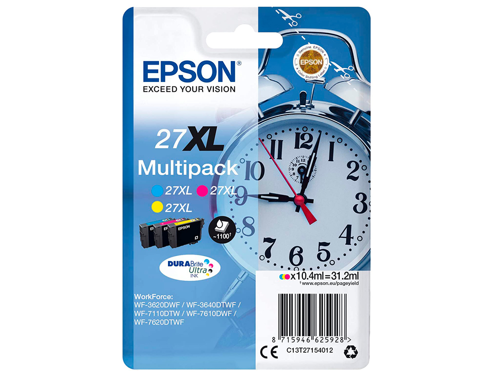 CARTOUCHE EPSON T2715 JET D'ENCRE C13T27054010 3 COULEURS CYAN/MAGENTA/JAUNE HAUTE CAPACITÉ 1100P