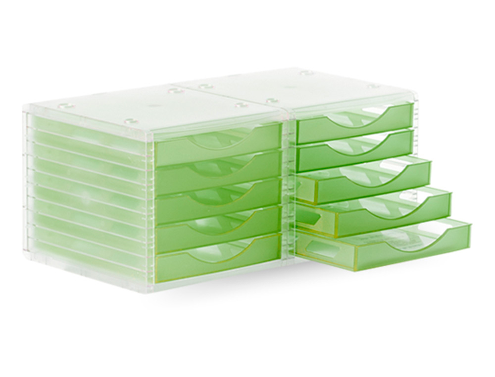 MODULE CLASSEMENT Q-CONNECT 5 TIROIRS OUVERTS BASE 340X270X260MM BUTÉE SÉCURITÉ COLORIS VERT TRANSLUCIDE