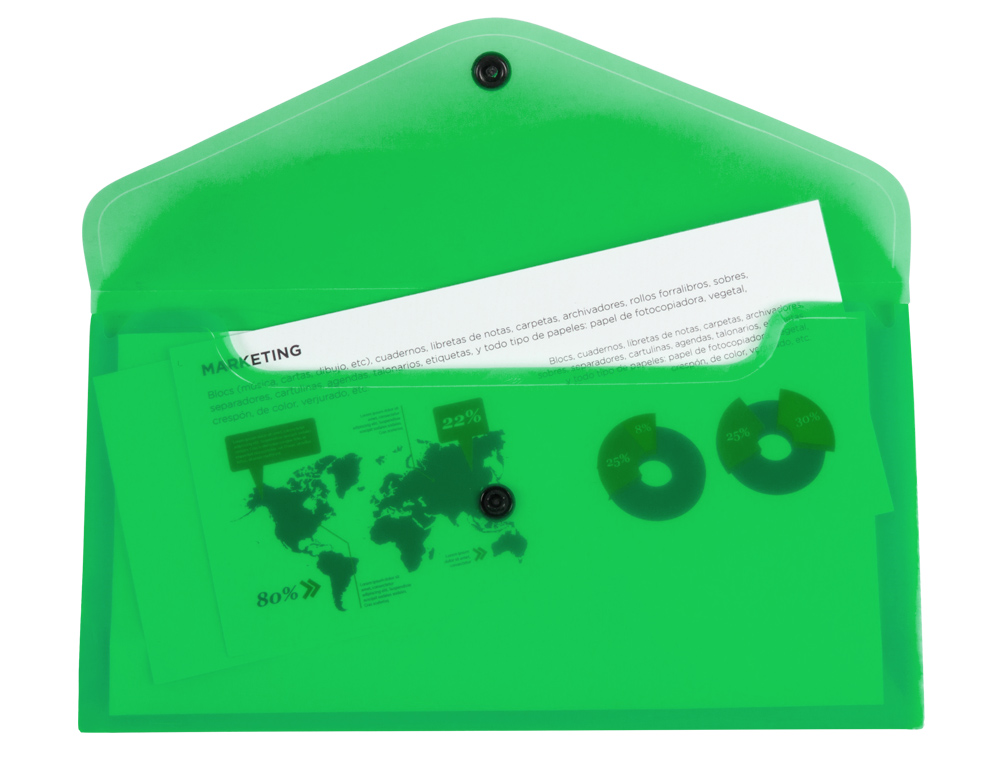POCHETTE ENVELOPPE LIDERPAPEL POLYPROPYLÈNE 180 MICRONS 260X140MM 50F FERMETURE BOUTON RÉSISTANT TRANSPARENT VERT