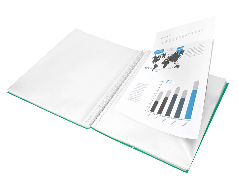 PROTÈGE-DOCUMENTS LIDERPAPEL POLYPROPYLÈNE COUVERTURE RIGIDE SPIRALE 30 POCHETTES FIXES A4 210X297MM COLORIS VERT