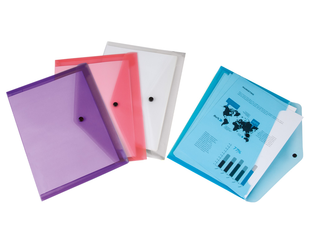 POCHETTE ENVELOPPE LIDERPAPEL POLYPROPYLNE 180 MICRONS A4 297X210MM FERMETURE BOUTON RSISTANT ASSORTIS PACK 4 UNITS