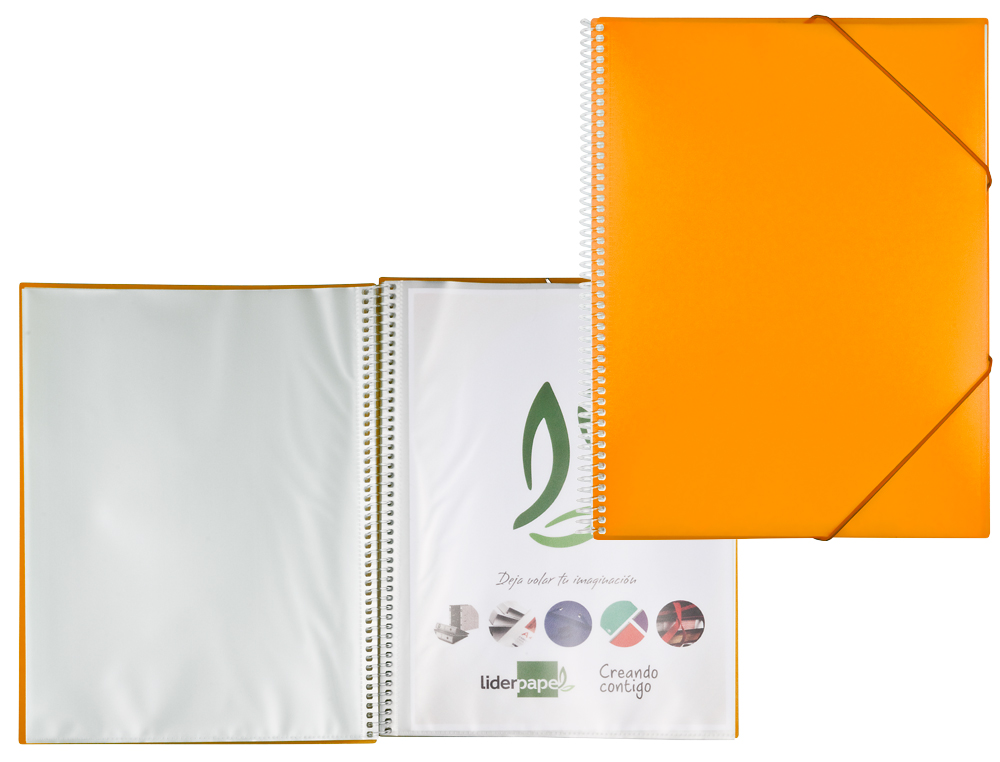 PROTÈGE-DOCUMENTS LIDERPAPEL POLYPROPYLÈNE COUVERTURE RIGIDE SPIRALE 80 POCHETTES FIXES A4 210X297MM COLORIS ORANGE
