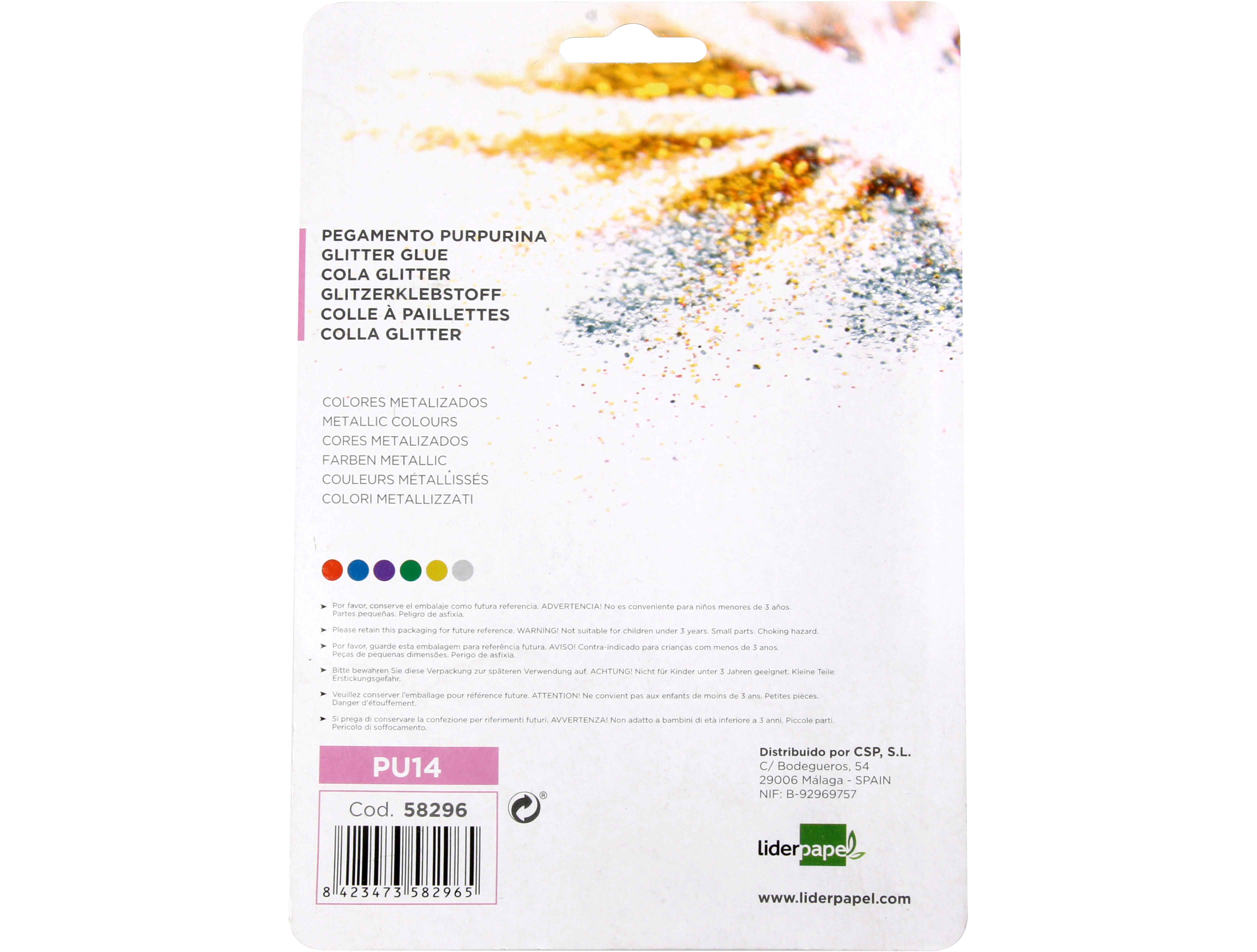 COLLE PAILLETÉE LIDERPAPEL COLORIS ASSORTIS MÉTALLISÉS BLISTER 6 UNITÉS 10G