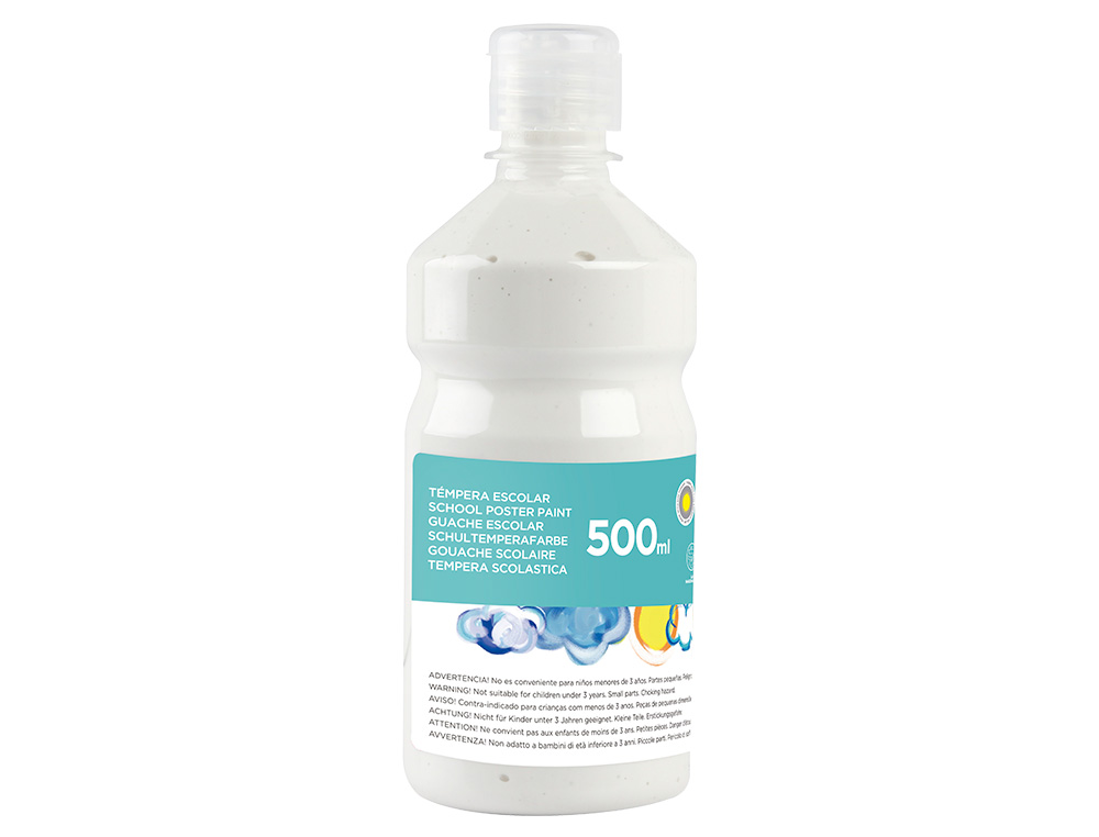 GOUACHE SCOLAIRE LIDERPAPEL LIQUIDE LAVABLE FERMETURE SÉCURITÉ BRILLANTE COLORIS BLANC FLACON 500ML