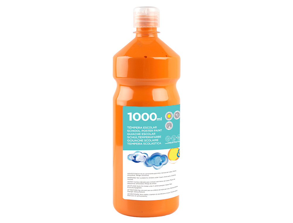GOUACHE SCOLAIRE LIDERPAPEL LIQUIDE LAVABLE FERMETURE SÉCURITÉ BRILLANTE COLORIS ORANGE 1000ML