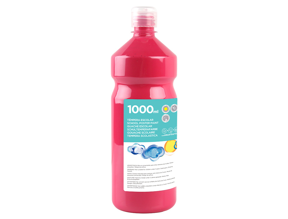 GOUACHE SCOLAIRE LIDERPAPEL LIQUIDE LAVABLE FERMETURE SÉCURITÉ BRILLANTE COLORIS FUCHSIA FLACON 1000ML