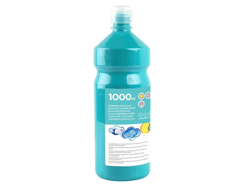 GOUACHE SCOLAIRE LIDERPAPEL LIQUIDE LAVABLE FERMETURE SÉCURITÉ BRILLANTE COLORIS TURQUOISE FLACON 1000ML