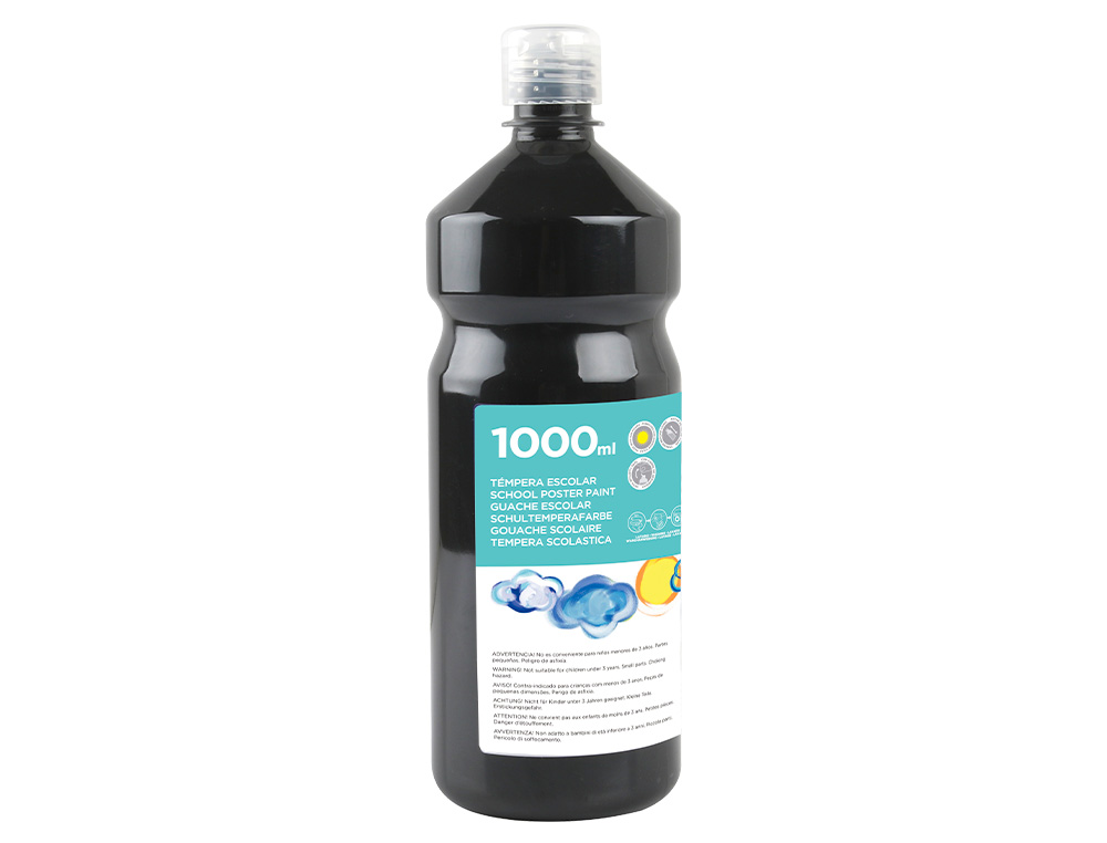 GOUACHE SCOLAIRE LIDERPAPEL LIQUIDE LAVABLE FERMETURE SCURIT BRILLANTE COLORIS NOIR FLACON 1000ML