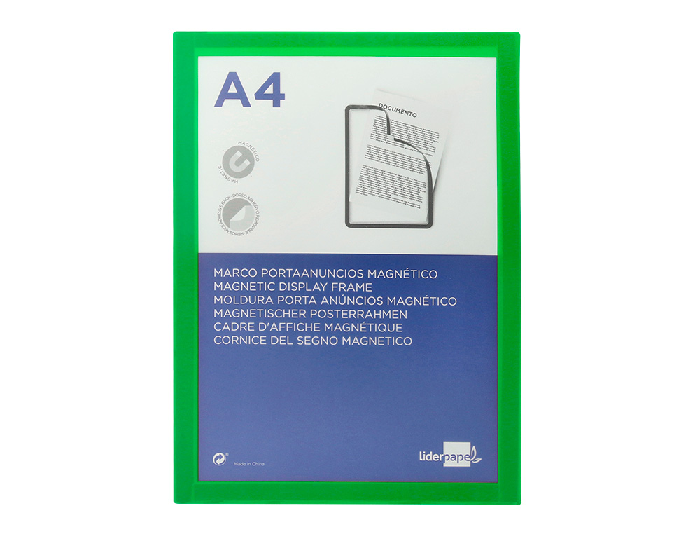 CADRE AFFICHAGE LIDERPAPEL MURAL MAGNETIQUE A4 DOS ADHESIF REPOSITIONNABLE COLORIS VERT