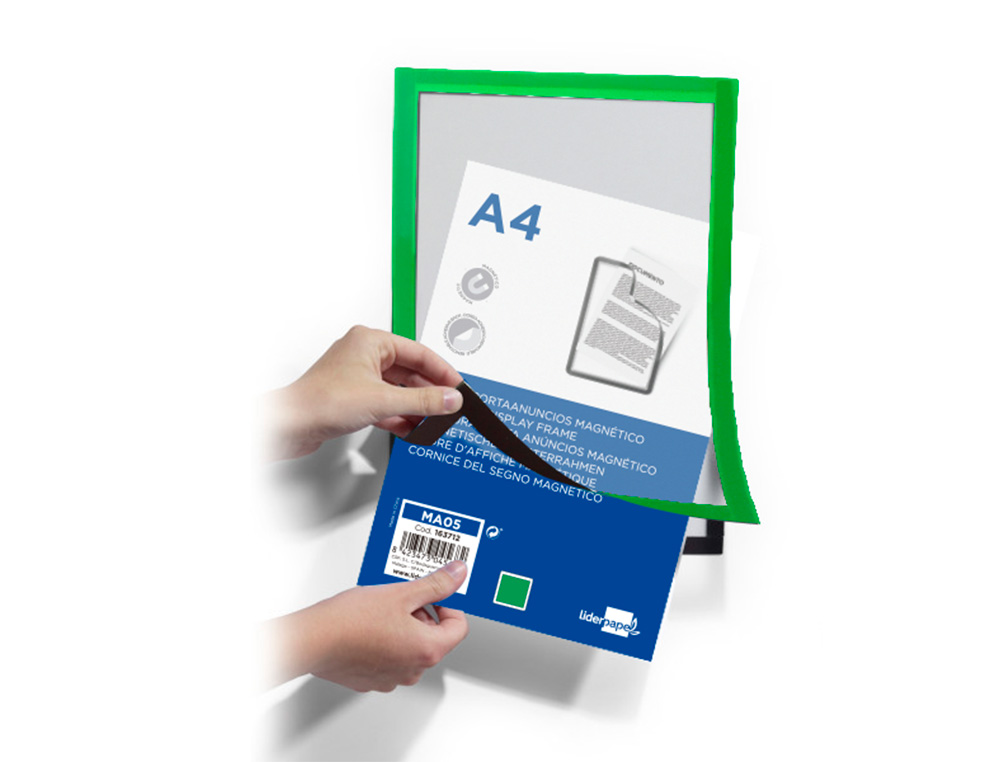 CADRE AFFICHAGE LIDERPAPEL MURAL MAGNETIQUE A4 DOS ADHESIF REPOSITIONNABLE COLORIS VERT