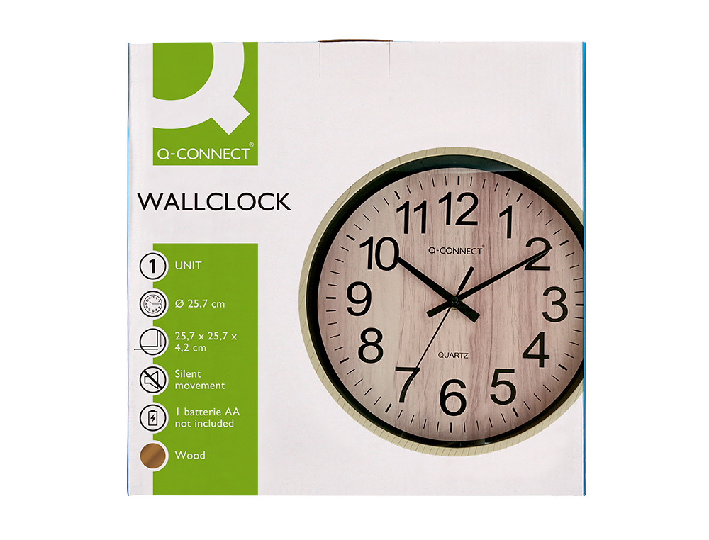 HORLOGE Q-CONNECT MURALE PLASTIQUE RONDE DIAMETRE      25,7CM MECANISME SILENCIEUX   COLORIS BOIS NATUREL