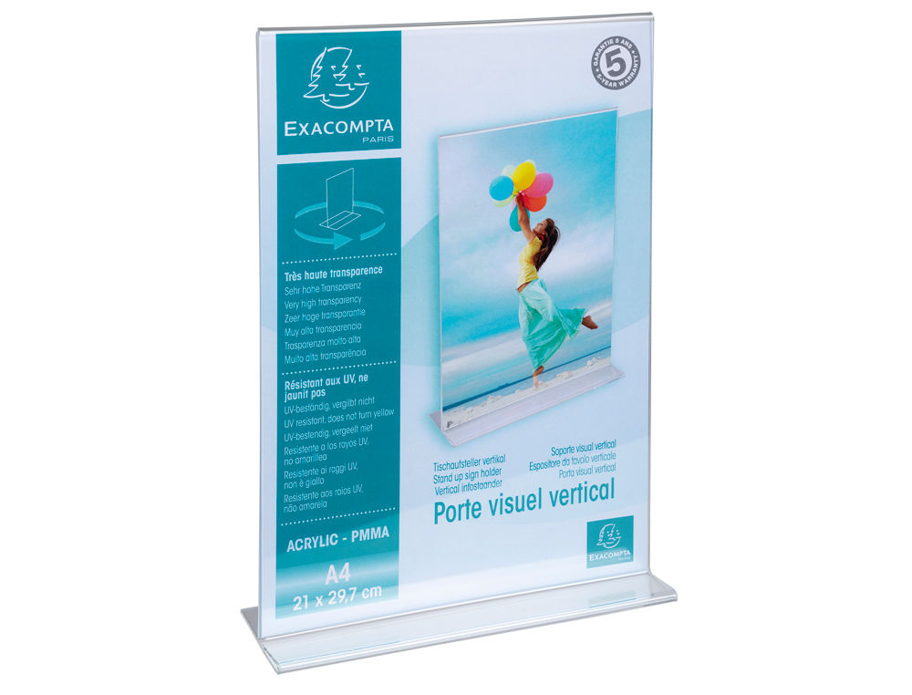 PORTE-VISUEL EXACOMPTA ACRYLIQUE DROIT VERTICAL A4 COLORIS CRISTAL
