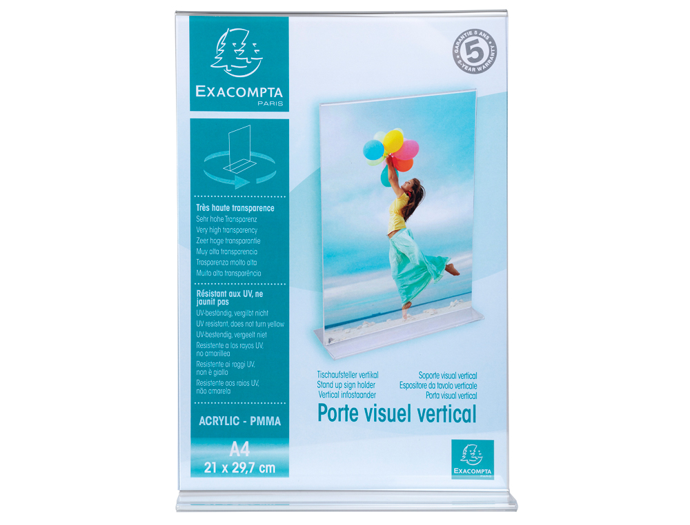 PORTE-VISUEL EXACOMPTA ACRYLIQUE DROIT VERTICAL A4 COLORIS CRISTAL