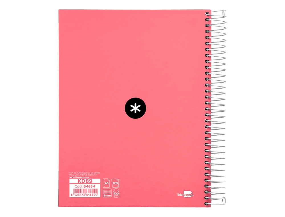 CAHIER SPIRALE ANTARTIK A5 240P 90G REMBORDE QUADRILLAGE 5MM MICROPERFORE 5 BANDES 6 TROUS COLORIS CORAIL