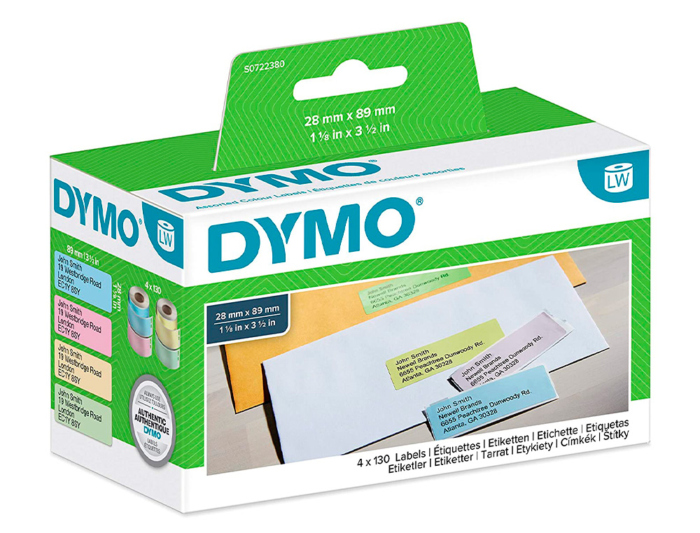 ETIQUETTE ADHESIVE DYMO LABELWRITER PERMANENTE 28X89MM REF S0722380 4 COLORIS RUBAN 130 UNITES