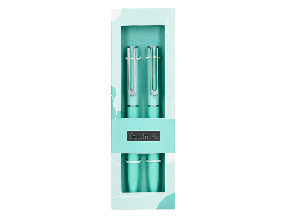 STYLO-BILLE BELIUS BARI POINTE 1 MM ENCRE BLEU COLORIS BLEU PASTEL BOITE CADEAU DE 2 U