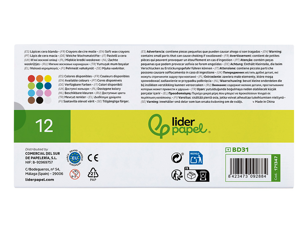 CRAYON CIRE MOLE LIDERPAPEL POINTE RONDE COLORIS ASSORTIS ETUI 12 UNITES