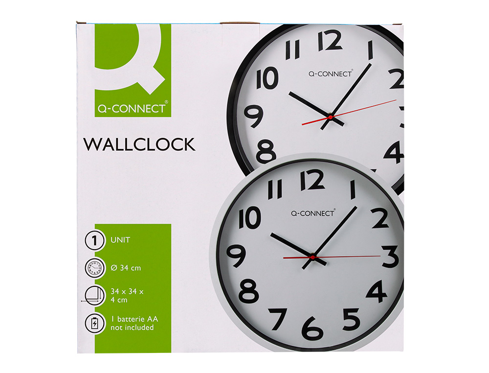 HORLOGE Q-CONNECT MURALE PLASTIQUE DESIGN ACTUEL NUMÉROS NOIRS FOND BLANC 1 PILE AA NON FOURNIE DIAMÈTRE 34CM CHROMÉ