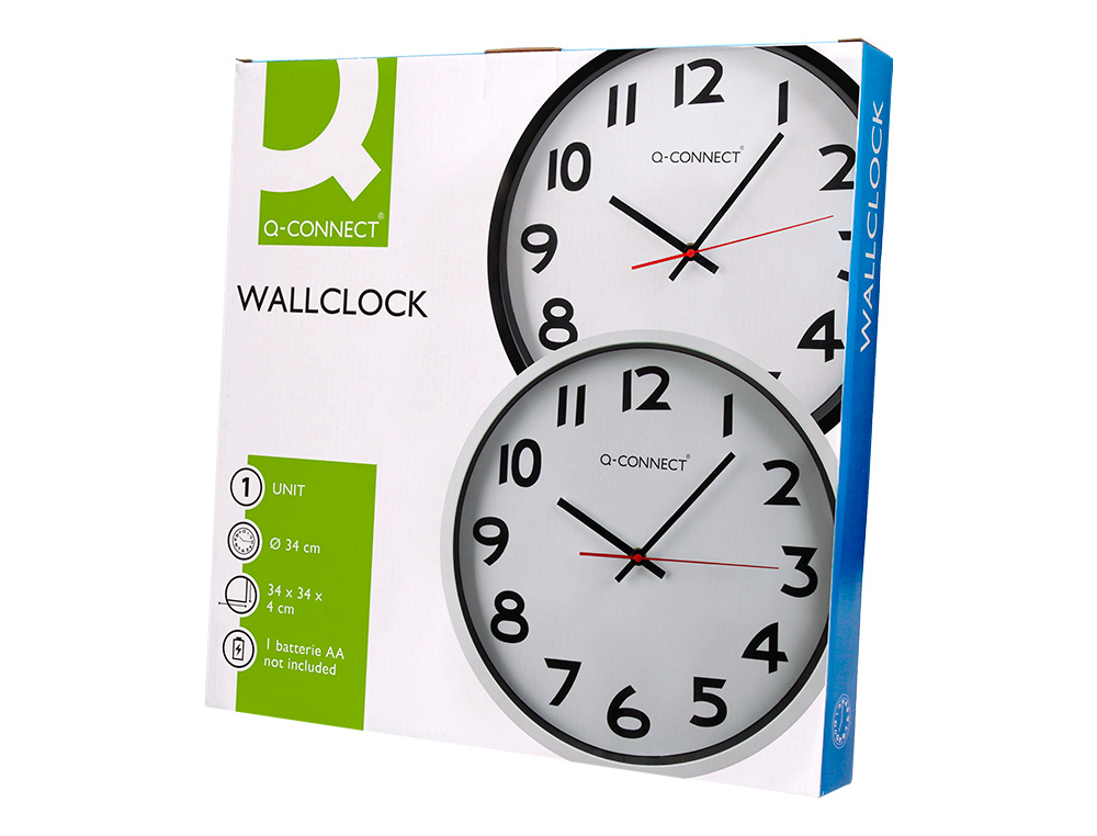 HORLOGE Q-CONNECT MURALE PLASTIQUE DESIGN ACTUEL NUMÉROS NOIRS FOND BLANC 1 PILE AA NON FOURNIE DIAMÈTRE 34CM CHROMÉ