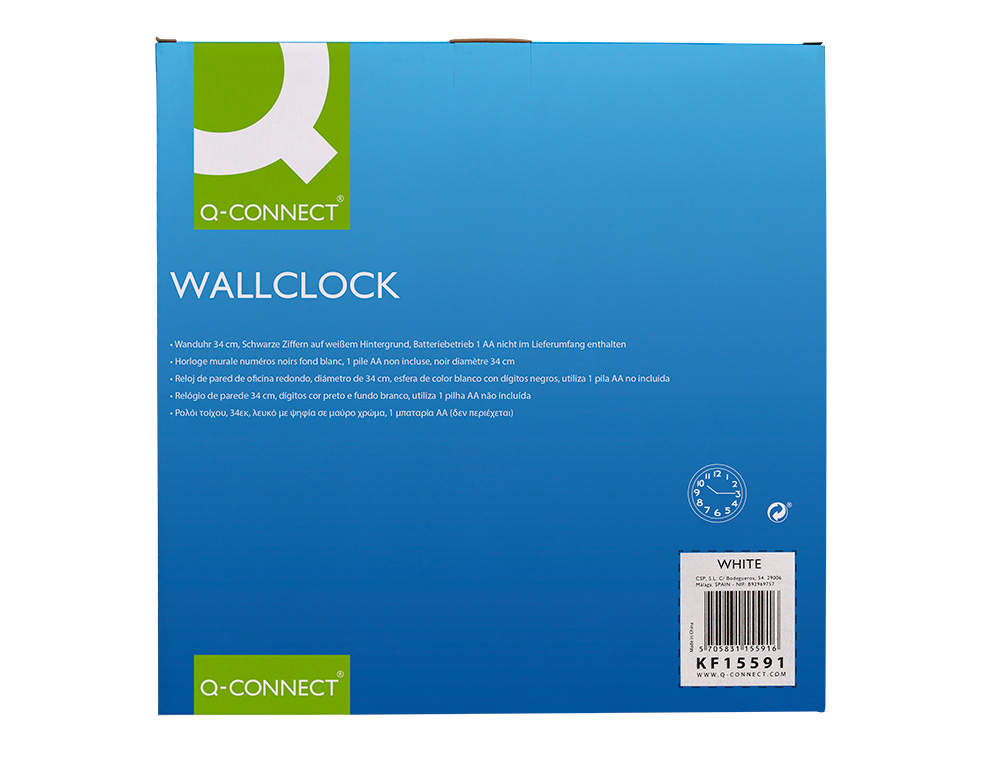 HORLOGE Q-CONNECT MURALE PLASTIQUE DESIGN ACTUEL NUMÉROS NOIRS FOND BLANC 1 PILE AA NON FOURNIE DIAMÈTRE 34CM CHROMÉ