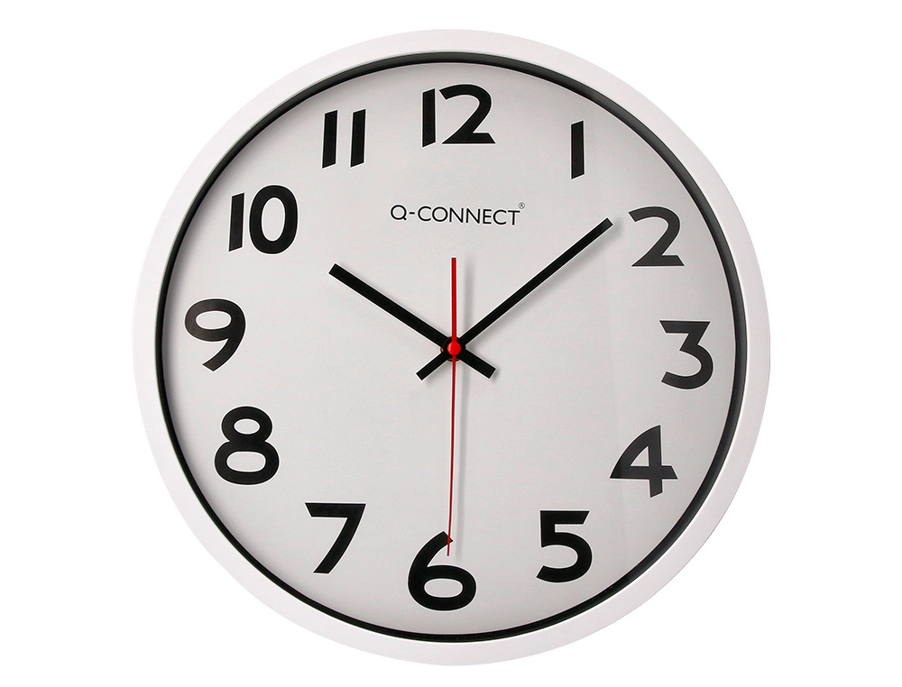 HORLOGE Q-CONNECT MURALE PLASTIQUE DESIGN ACTUEL NUMÉROS NOIRS FOND BLANC 1 PILE AA NON FOURNIE DIAMÈTRE 34CM CHROMÉ