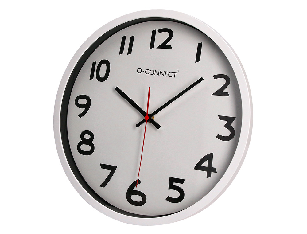 HORLOGE Q-CONNECT MURALE PLASTIQUE DESIGN ACTUEL NUMÉROS NOIRS FOND BLANC 1 PILE AA NON FOURNIE DIAMÈTRE 34CM CHROMÉ